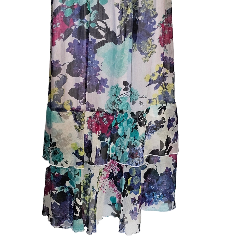 Chelsea & Theodore Floral Flowy Maxi Smocked Back Tiered Chiffon Dress Sz M - Picture 9 of 13